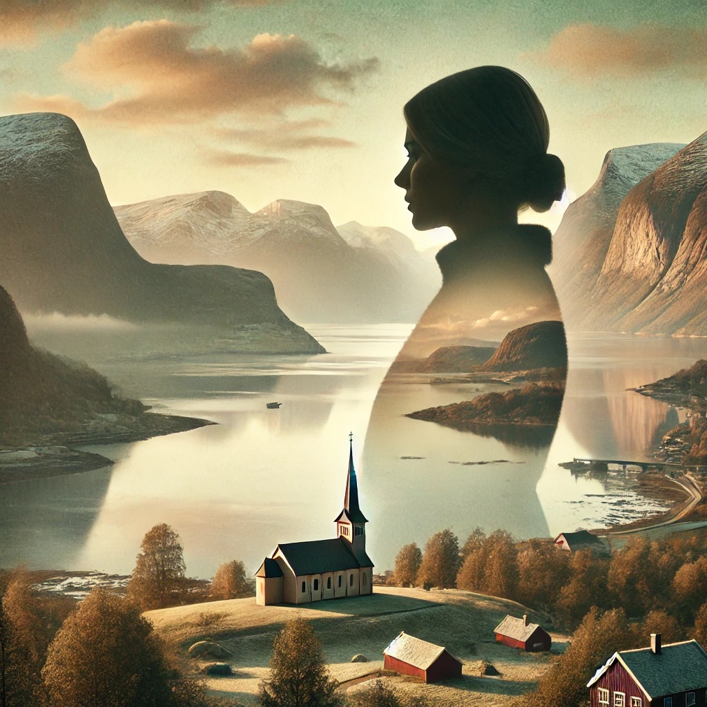 Skyggen av en kvinne over fjordlandskap med kirke